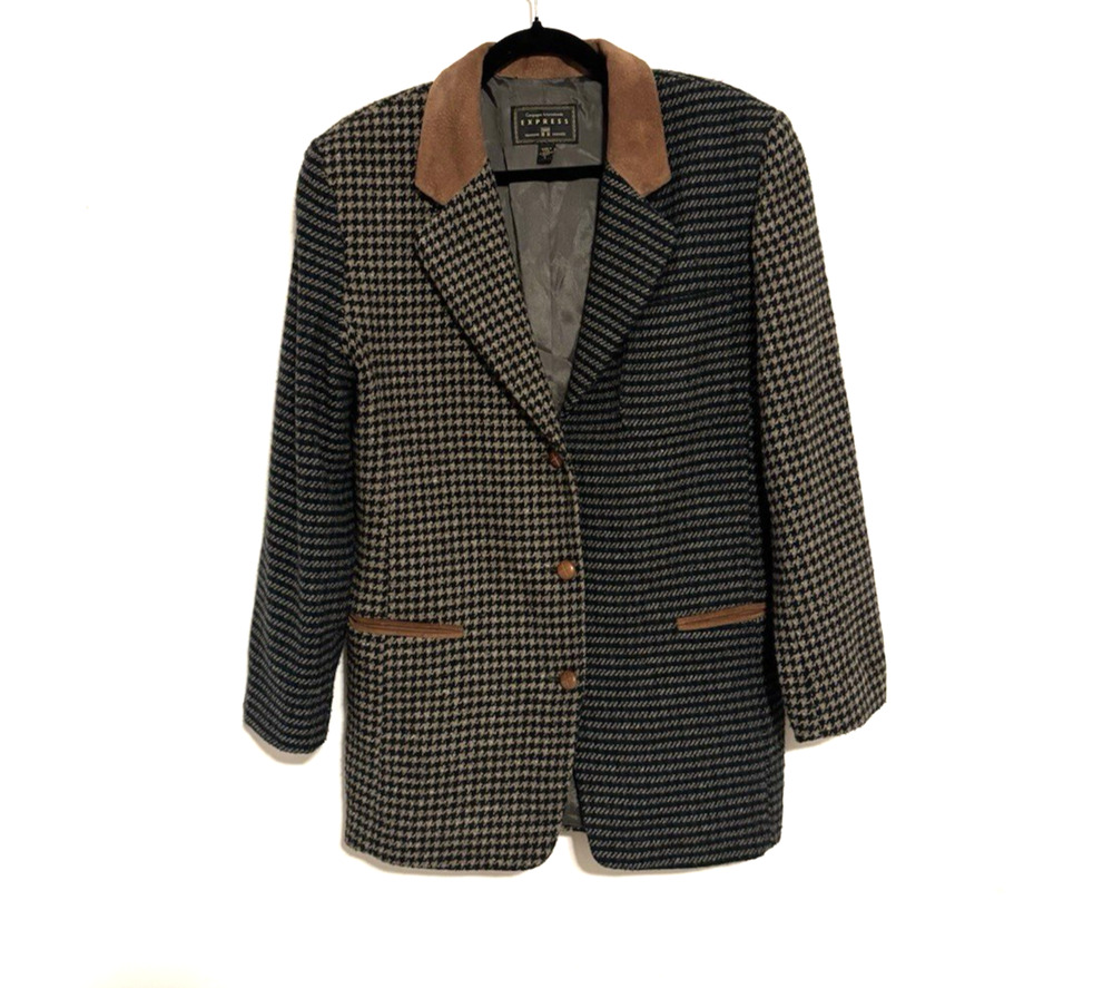 Vtg Express Blazer Large Women's Houndstooth Brown Leather Collar Wool Blend